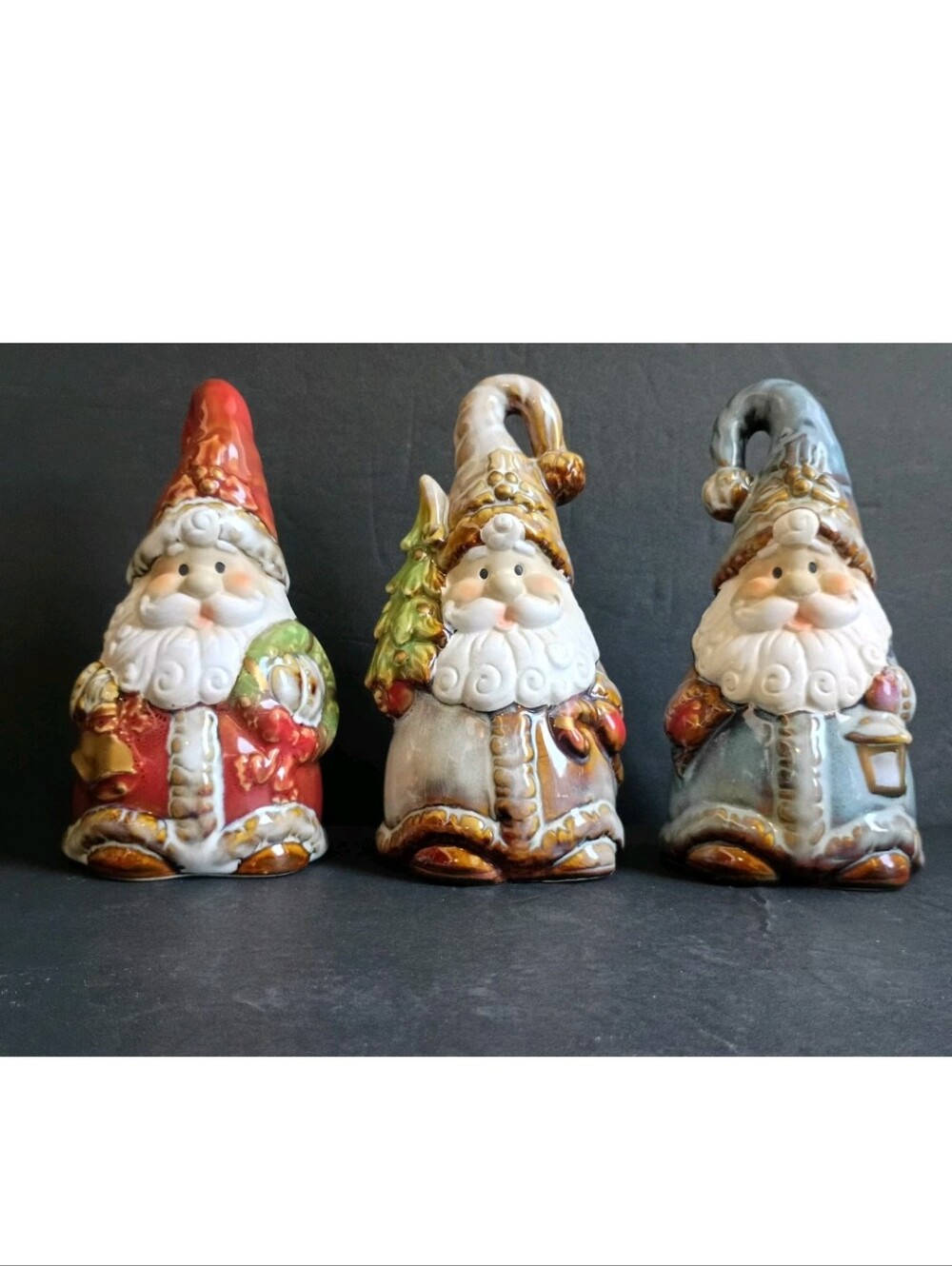 Ceramic Santa Gnome Bell Ornaments Set 3 Christmas Clapper Holiday Decor 5.5"